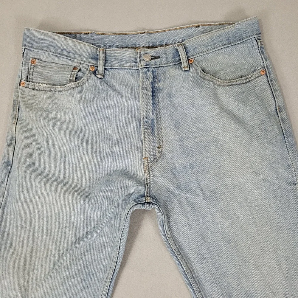 Levi 505 Jeans Mens Size 38x30 Blue Light Wash Straight Leg Distressed Stains